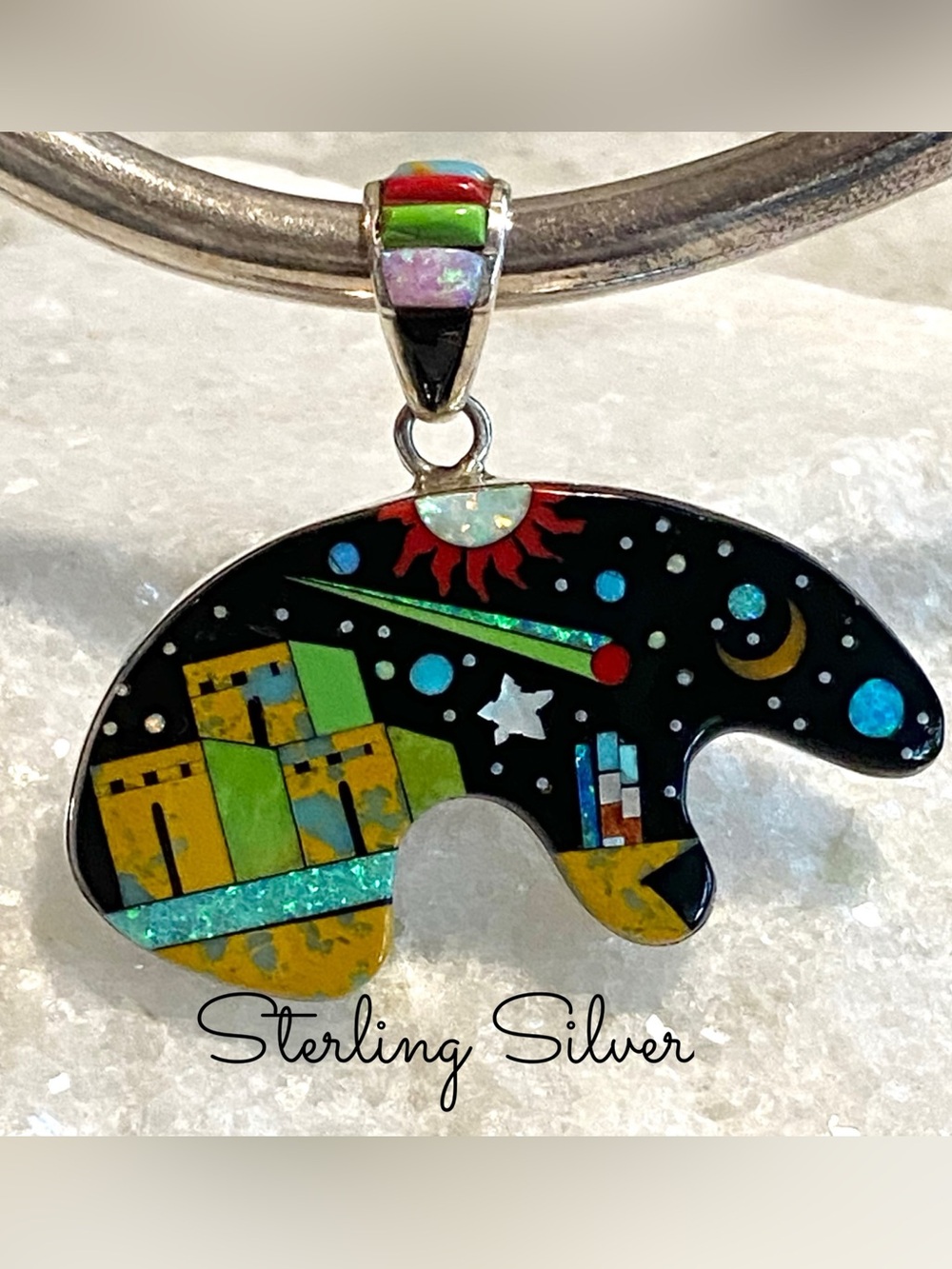 Sterling Silver - Inlay bear pendant w/ pueblo and night sky design - Picture 4 of 13